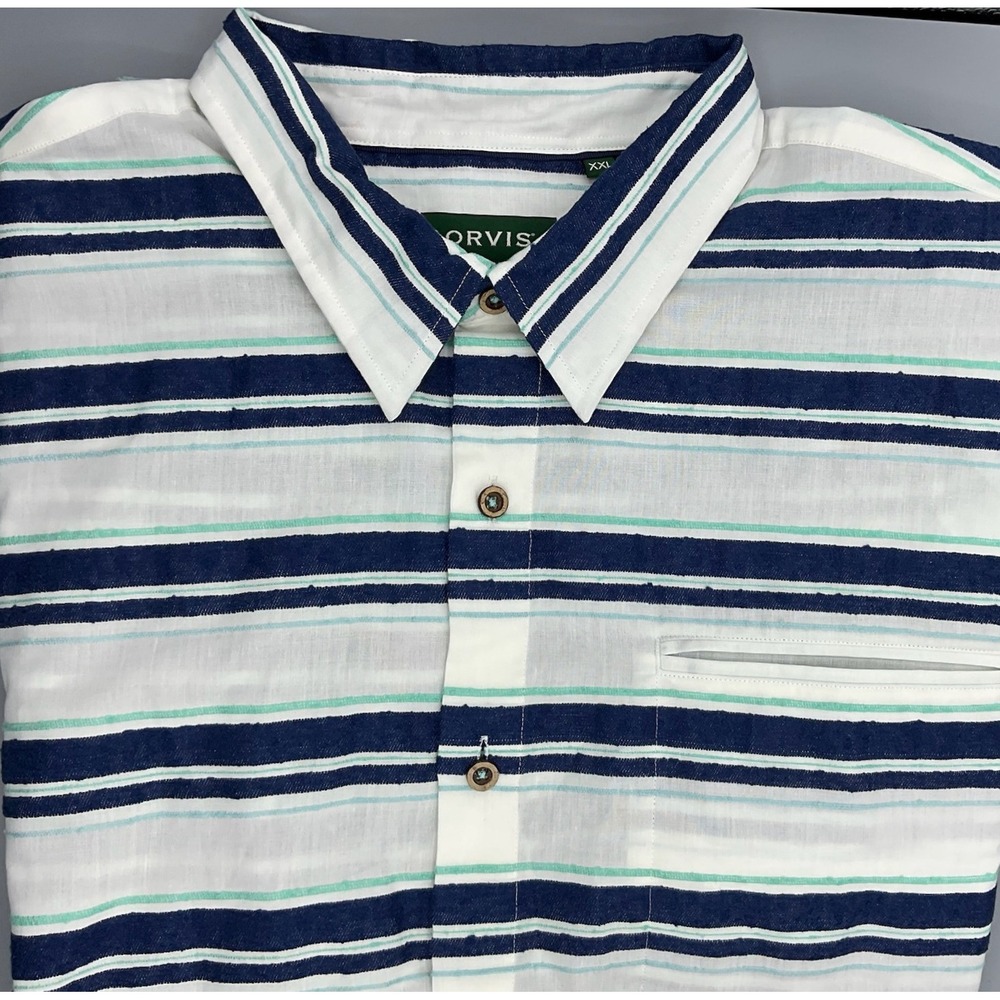 Orvis Mens XXL Short Sleeve Button Down Shirt Striped Cotton Blend White Navy
